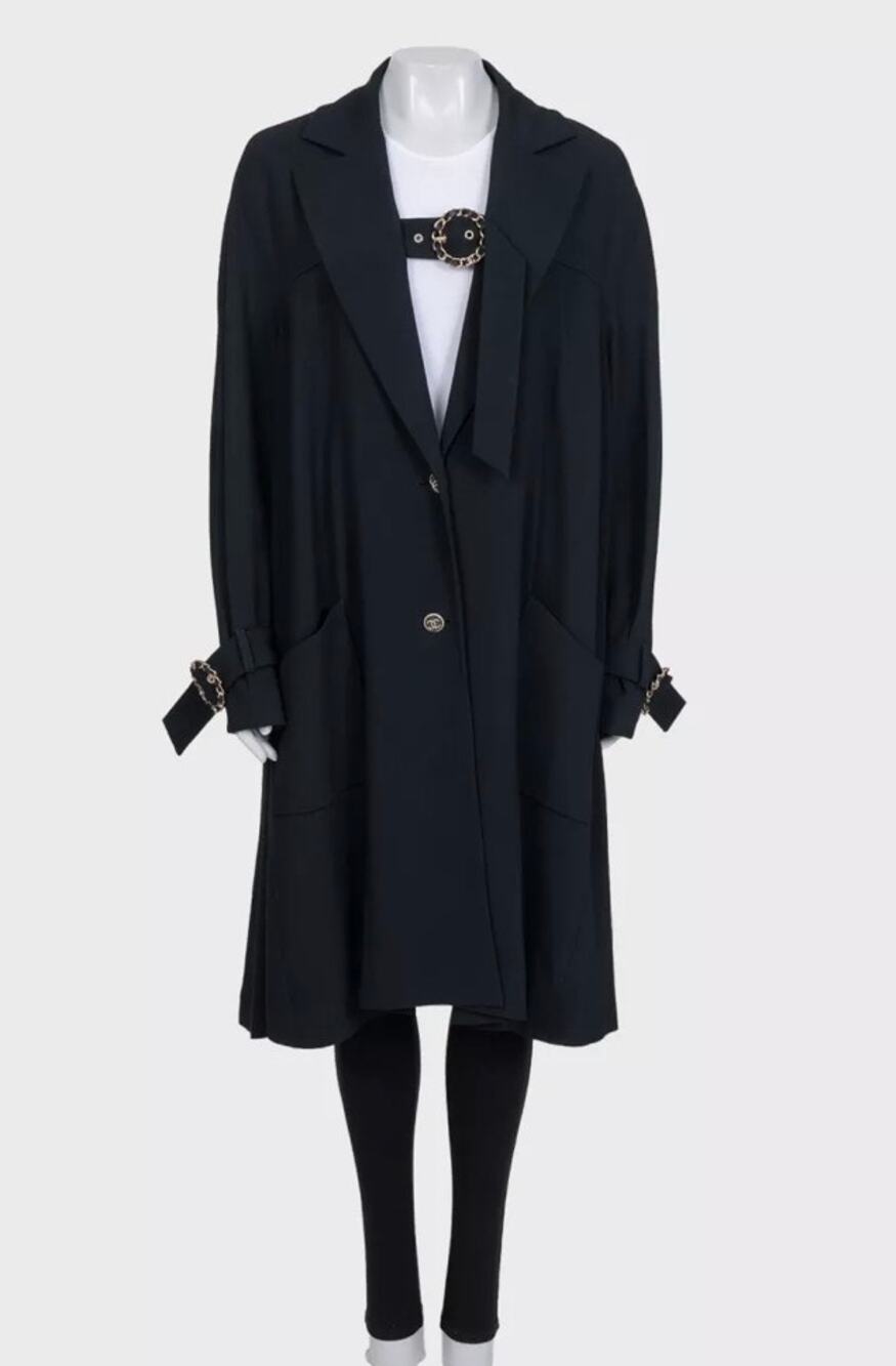 NWOT Chanel Black Coat with Gold Strap Details, Sz 42/ XL